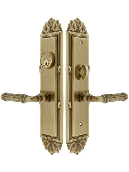 Regency F20 Function Mortise Lock Entryset in Antique with Left Hand Ribbon and Reed Levers, and Stop/Release Buttons.
